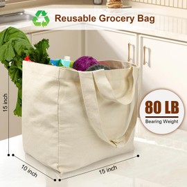 VitaSerena Canvas Grocery Bags 3pcs, Large Canvas Tote Bag with Pockets, Dual Handles, Washable, Shrink Resistant, Foldable
