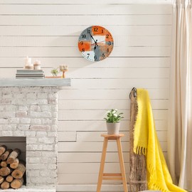 LOKMU Silent Non Ticking Clock 12 Inch, Round Wall Clock,Decorative for Living Room, Kitchen, Home,Bathroom, Bedroom, Office or School, Orange and Grey White Abstract Art