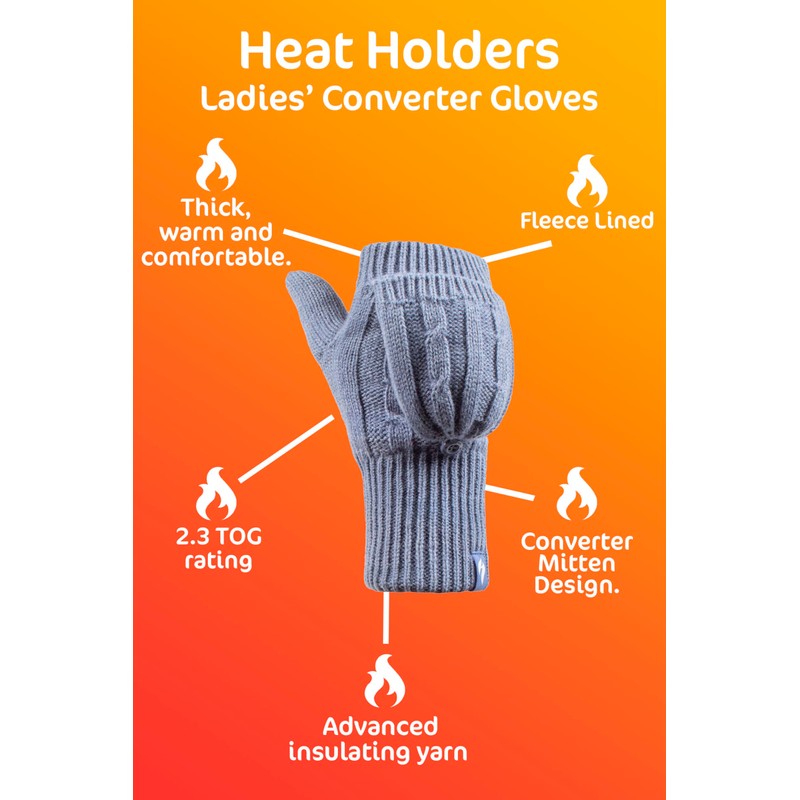 HEAT HOLDERS - Womens Thermal Converter Fingerless Cable Knit 2.3