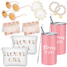 Inbagi 12 Pcs Flower Girl Set Including Flower Girl Tumbler Round Flower Sunglasses Canvas Bag Will You Be My Flower Girl Proposal Card Bracelet Hair Clip for Wedding Engagement Bridal Party(Pink)