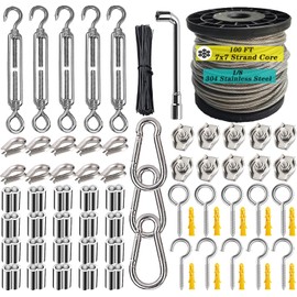 Roxanned 1/8" Stainless Steel Cable,Heavy Duty Turnbuckle Wire Tensioner Kit 100ft 7x7 Strand Construction 3/32" Overmolded to 1/8" Wire Rope Cable for Outdoor String Lights Hanging,Garden Wire