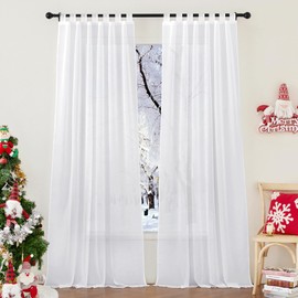 PONY DANCE Curtains, White, Semi-Transparent Voile Curtains with Loops, Set of 2, Living Room Curtains, Linen Look, Tab Top Curtain, Transparent, H 220 x W 140 cm