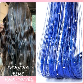 AIFIHIYI Hair Tinsel Kit with Tools 48 Inch 1200 Strands Blue Tinsel Hair Extensions Fairy Hair Tinsel Kit, Sparkling Shinny Glitter Tensile Hair Extensions for Women Girls (Sapphire Blue)