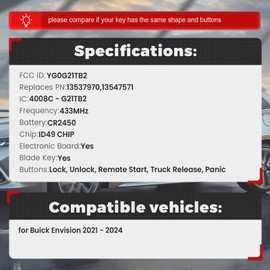 Beefunny Smart Remote Key Fob for Buick Envision 2021 2022 2023 2024 Keyless Entry Car Key 5 Buttons 433MHz FCC ID:YG0G21TB2 13537970