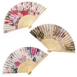 Morices 3 Pcs Floral Printed Folding Hand Fan, Handheld Classical Delicate Hollowed Bamboo Fans for Dancing, Decorative Hand Holding Fans for Wedding Party Favors Gift Wall Hanging Decoration