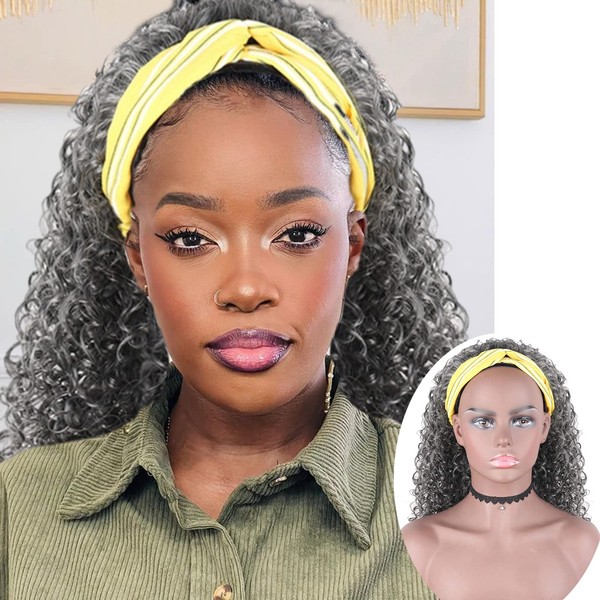 Curly Wavy Hair Head Band Wig Afro Curly Headband Gray Hlaf Wigs for Black Women,KRSI 16inch Loose Wave Wig Synthetic Curly Headbands for Half Wigs with Headbands Attached Headwrap Wig(1B/Gray)