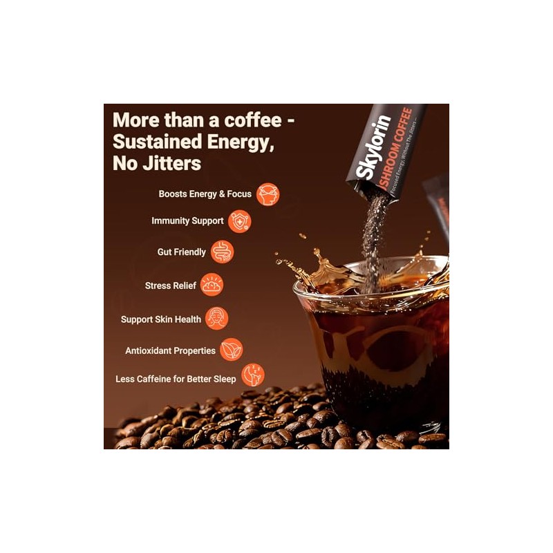 Instant Mushroom Coffee with Collagen, Skylorin Adaptogen Coffee Powder for