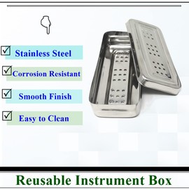 HIGH TECH INSTRUMENTS Stainless Steel Instrument Box with Lid Tray Organizer For Storage and Sterilization Surgical Lab Instrument Supplies Multipurpose Perforated Container (6.75L x 3W x 1.25H)