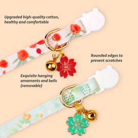 2 Pack Cotton Breakaway Cat Collar Green and Red Flowers Pendant Cute Kitten Cat Collar with Bell