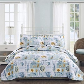 Green Essen Coastal Beach Bedding Bedspreads Full/Queen Size Blue White Plaid Conch Shell Starfish Coral Ocean Quilts Soft Lightweight Lodge Coverlet Bed Cover Blanket Set