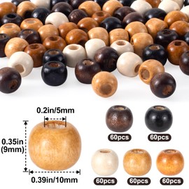 Pndeyo 300pcs Large Hole Wooden Beads for Crafts, Vintage Round Natural Wood Hair Bead, 5 Colors 9x10mm Wooden Loose Spacer Beads for Macrame Necklace Bracelet Hair DIY Craft Handmade Decor