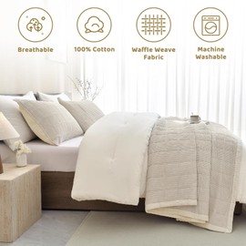 Sanracie Cotton Quilt King(110"x98"), Wheat Colored Soft Waffle Weave Quilt Set 3Pcs Lightweight Breathable Farmhouse King Size Bedding Coverlet for All Seasons