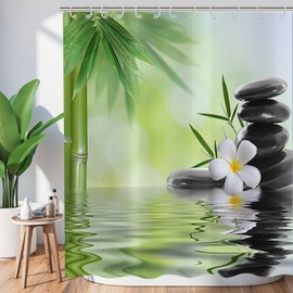 Hnmdmyi Zen Garden Shower Curtain, 180 x 200 cm, Spa Green Bamboo, Black Stone, White Flower, Bathtub Curtain, Japanese Meditation, Relaxing, Waterproof, Polyester Fabric, Washable Bath Curtain with