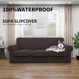 Easy-Going 100% Dual Waterproof 4 Pieces Stretch Soft Couch Cover for Dogs, Sofa Slipcover for 3 Separate Cushion Couch Leakproof Furniture Protector for Kids, Pets Chocolate
