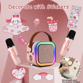 LAMJAD Karaoke Machine Kids for Girls Toys with 2 Microphones,Mini Karaoke Machine Portable Bluetooth with LED Light Cartoon Stickers, Gifts for Gils Boys Birthday Party 3-18Year Old, Home KTV(Pink)