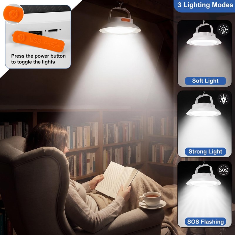 Grinsvalley 2Pcs Solar Tent Light 4500mAh Rechargeable 1700LM USB Camping