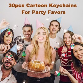 30pcs Cartoon Keychain for Christmas Party Favors, Mini Cute Keyring for Classroom Prizes, Birthday Christmas New Year Party Favors Gift, Key Chains Goodie Bag Stuffers Supplies, 6 Colors