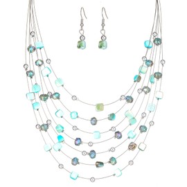 Multi-Layer Boho Shell Beaded Necklace for Women Colorful Crystal Strand with Silver Beads Statement Collars Necklace and Earrings Costumes Jewelry Sets for Women(Turquoise)