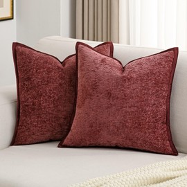 FUTEI Burgundy Chenille Throw Pillow Covers 18x18 Inch Set of 2,Soft Cozy Bound Edge Design Cushion Case,Home Decor for Couch Bed Living Room