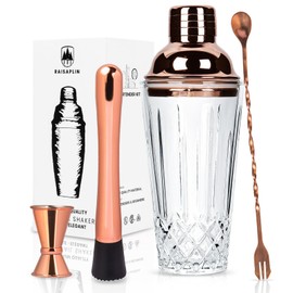 4 Pcs Cocktail Set Mixing Tools for Drinks, Raisaplin Stainless Steel Mixologist Mini Home Bar Bartender Set - Glass Shaker, Fruit Muddler, 10" Stirring Spoon, 0.5 oz 1 oz Double Jigger - Rose Gold