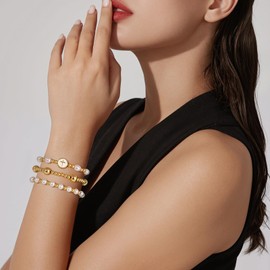 GolbalJew Gold Beaded Bracelets for Women Trendy Non Tarnish Stack Cross Pearl Bracelet Set 14K Gold Plated Catholic Rosary Bracelets Stackable Stretch Jewelry Gifts