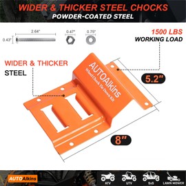 AUTOAlkins Wheel Chock Tie Down Kit, 4,400lb Break Strength — 4 Heavy Duty E-Track Tire Ratchet Straps & 8 Steel Wheel Chocks, Complete Trailer Tie Down System for ATV, UTV, Lawn Mower & SxS (Orange)