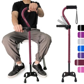 AOHHL Quad Walking Cane Foldable Adjustable Portable Stick Men & Women and Seniors - Lightweight & Sturdy with 4-Pronged Base for Extra Stability Balance,Self Standing Gifts for mom Dad (Wine Red)