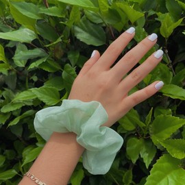 Aesthetic satin hair scrunchies plain sage green light pastel color affordable