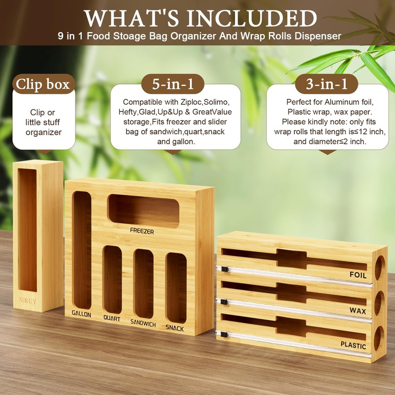 NIKUY 9 IN 1 Bamboo Foil and Plastic Wrap Organizer