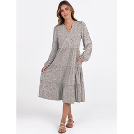 ANRABESS Long Sleeve Midi Dresses for Women V Neck 2025 Fall Fashion Casual Loose Fit Flowy Swing Tiered Vacation Boho Dress Khaki Polka Dot Medium
