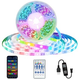 Luces LED Inteligentes Bluetooth de 5m,Tira LED RGB Multicolor Controlable por App y Mando, Sincronización de Luz LED con la Música, Regula Múltiples Efectos de Luz y Modos (5M/16.4 FT (USB))