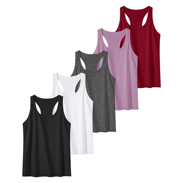 TELALEO 5 Pack Workout Tank Tops for Women, Athletic Racerback Sports Tank Top, Loose Sleeveless Dry Fit Shirts Black/Grey/White/Red/Purple M