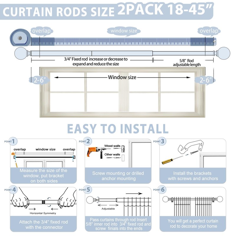 TVWOO Gold Decorative Crystal Curtain Rods 2 Pack:18-45" Heavy Duty