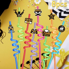 Ynaice Pack of 8 Graduation Theme Party Straws, Funny Grad Hat, Reusable Straws, Boys Girls Crazy Straws, Party Supplies, Carnival Decorations