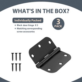 Door Hinge 3 1/2 Inch Interior Door Hinges Matte Black 3.5 Inch Interior Hinges 5/8" Radius Flat Iron Hinge 3 ½"x 3 ½" Door Hardware - 3 Pieces
