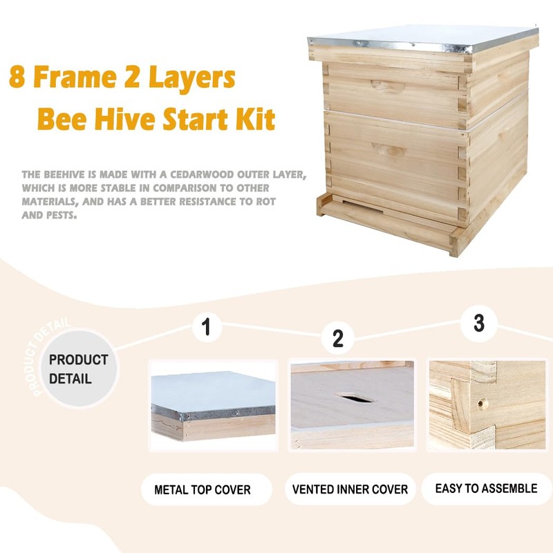 POLLIBEE 8 Frame Beehive kit, Complete Bee Hive for Beekeeper,
