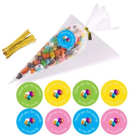 VEYLIN 50 Pieces Sweet Cones Party Bags - Clear Cellophane Candy Bags and Ties for Party Gift Wedding Birthday Favors with 60 Pieces Thank You Stickers