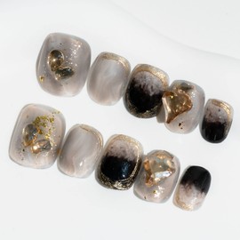 Sun&Beam Nails Handmade Nail Tip, Short, Round, Short, Black, Gold, Black, Glitter, Popular, 3D, Fashionable, Cute, Heart Design, False Nails, Set of 10 (#74 S)