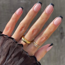 JUSTOTRY 24 Pcs Black French Tip Press on Nails Short Designs,Glossy Nude False Nails Square with Nail Glue,Pretty Stick on Nails for Women and Teens,Squoval Fake Nails for Nails Art