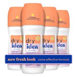Dry Idea Unscented Roll On Deodorant & Antiperspirant for Women - Hypoallergenic for Sensitive Skin, 2X Longer Sweat Protection, 72Hr Sweat & Odor Protection, Womens Deodorant, 3.25oz (4 Pack)