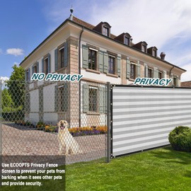 ECOOPTS 11'x28' Gray White Strip Privacy Fence Screen Windscreen with Copper Grommets, fit for Commercial Fence and Residential Garden Outdoor Living 180GSM 90% UV Blockage, Cable Zip Ties Included