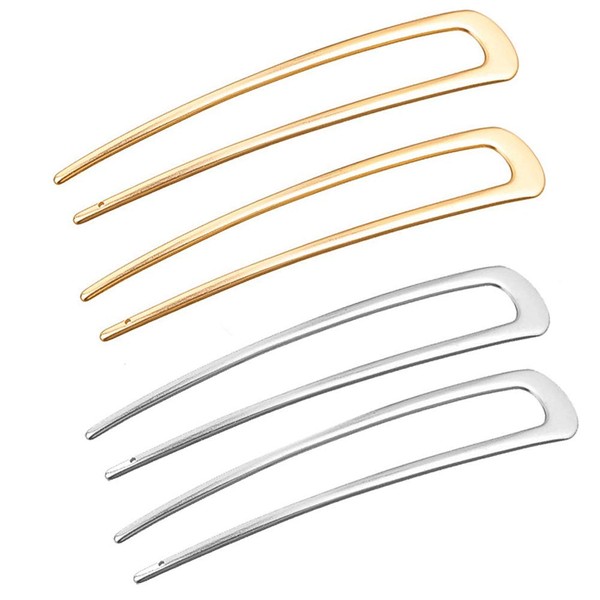 4Pcs Simple U-Shaped Metal Hairpins Hair Sticks Hair Forks 2 Prong Updo Chignon Pins Hair Accessories for Women Girls Styling Beauty Tool, Silver and Gold