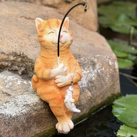 DHOBY GHAUT Cat Decoration for Yard Outdoor Garden Decor 9.7 Inch Tall Fishing Cat Statue for Koi Pond, Waterfalls or Poolside Ornaments, Fisher Guy Cat Figurine Pond Decor, Gift for Mom & Women