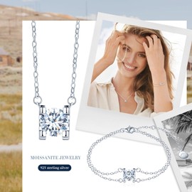 MICMIF Women's Jewellery Set, Solitaire Moissanite Bracelet and Necklace, 925 Silver, 1 Carat Round Moissanite Diamond Jewellery Set, VVS1 Clarity D Colour, Silver Chain for Women, Girlfriend, Mum,
