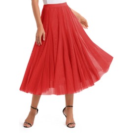 Urban CoCo Women's Tulle Skirt Elastic High Waist Layered Pleated Mesh Flowy A-line Midi Skirt (Red, L)