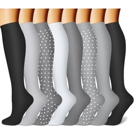 CHARMKING - Calcetines de compresión para mujeres y hombres (8 pares) de 15 a 20 mmHg de cobre graduado son los mejores para embarazadas, enfermeras, rendimiento de aumento, circulación, rodilla alta y pantorrilla ancha (S/M, Multi 50), 09 Gris/Gris/Gris
