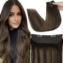 Fshine Brown Omber Wire Hair Extension, Remy Invisible Fish Line Extension Real Human Hair, Soft Hair Extensions with Adjustable Clips, Dark Brown to Light Brown Highlight Dark Brown 12inch 70g #2/6/2