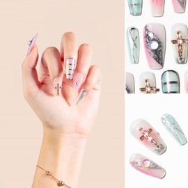 Sun&Beam Nails Handmade Press-on Medium Long Coffin Ballerina Pink Sliver Aurora Rhinestone Y2K Design False Nail Tips 10 Pcs (#137 L)