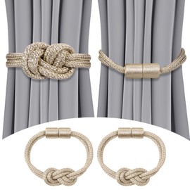Queekay 2 Pcs Magnetic Curtain Tiebacks 2 Style, Elegant Decorative Tie Backs terse Style Drape Tie Backs Hand Weave Rope Knot Curtain Holdbacks for Home Outdoor Decorative Curtain (Platinum)