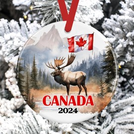 2024 Canada Christmas Ornament, Round Ceramic and Comes with Red Satin Ribbon, Features Moose Elk and Maple Leaf Canadian Flag